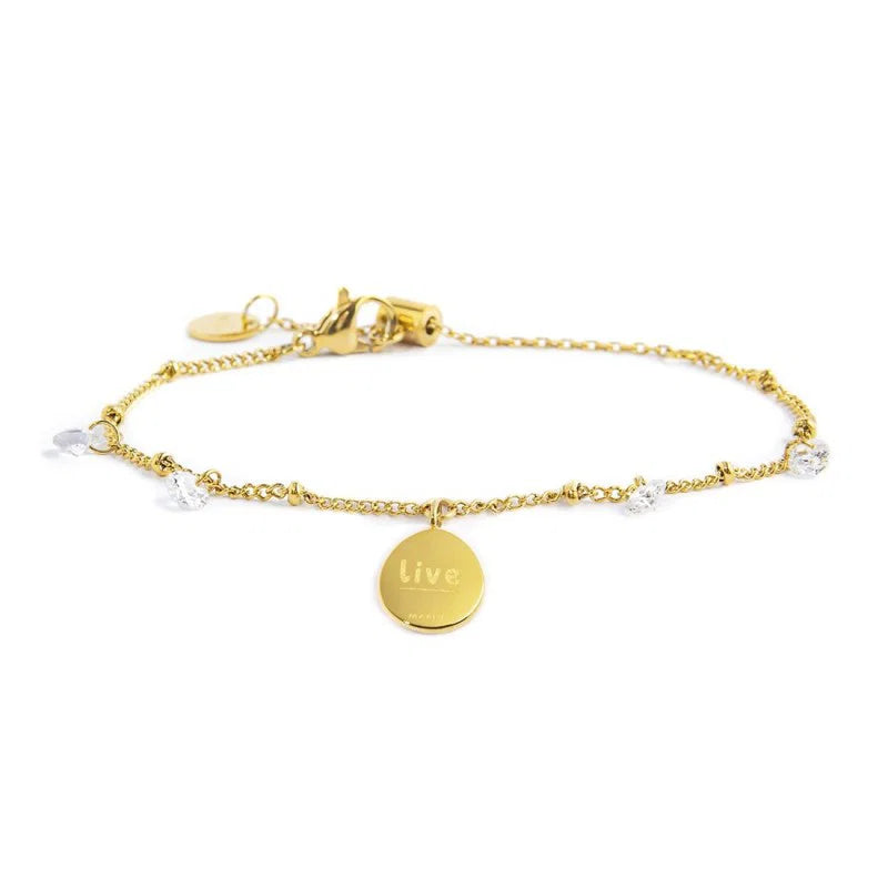 Bracciale con Medaglietta Rosa dei Venti e Cristalli Bianchi in Acciaio Oro Marlù