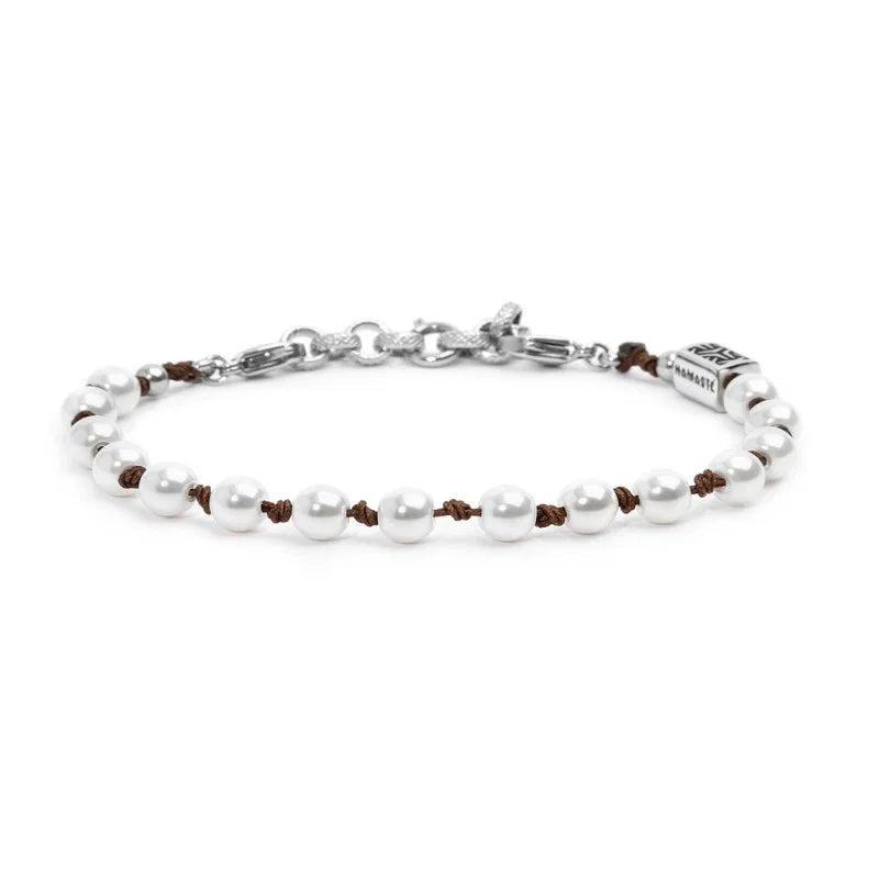 Bracciale Cordino Marrone con Perle da 6 mm e Acciaio Marlù