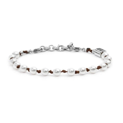 Bracciale Cordino Marrone con Perle da 6 mm e Acciaio Marlù