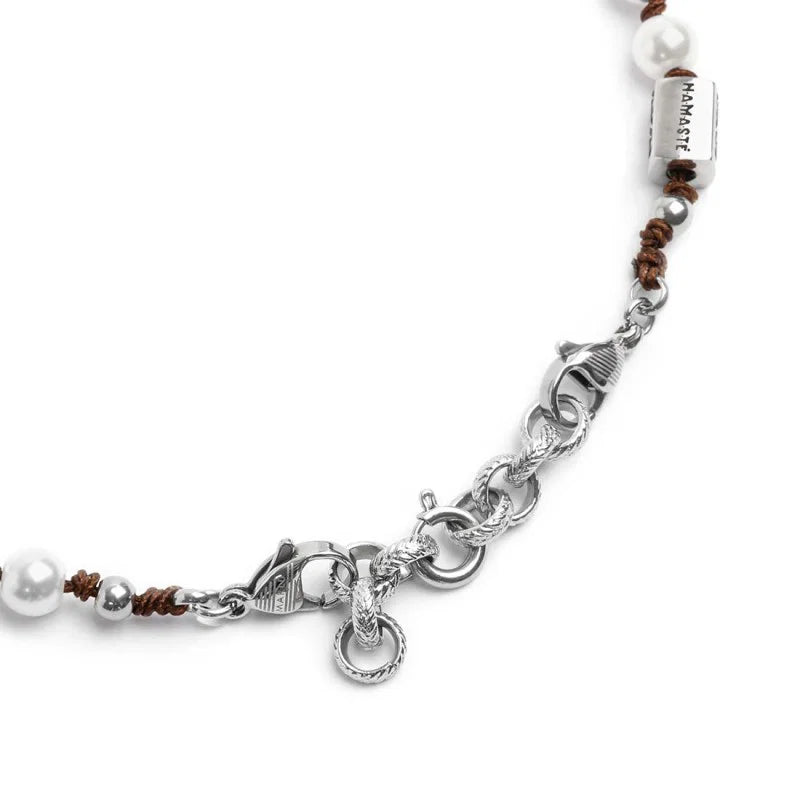 Bracciale Cordino Marrone con Perle da 6 mm e Acciaio Marlù