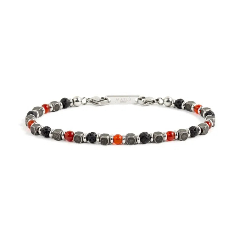Bracciale in Acciaio con Pietra Corniola Rossa e Pietra Lavica