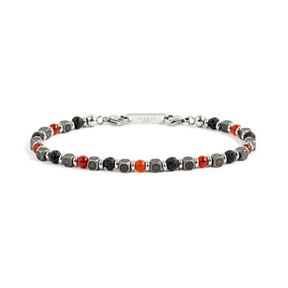 Bracciale in Acciaio con Pietra Corniola Rossa e Pietra Lavica