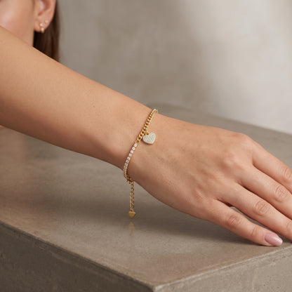 Bracciale Cuore di Luce in Argento 925 Placcato Oro Giallo con Pavé di Zirconi e Maglia Grumetta