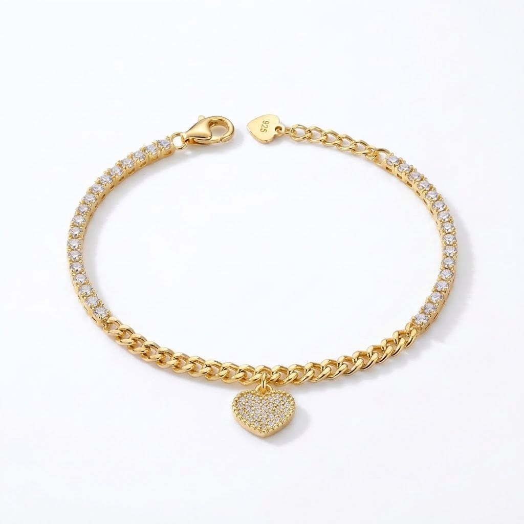 Bracciale Cuore di Luce in Argento 925 Placcato Oro Giallo con Pavé di Zirconi e Maglia Grumetta