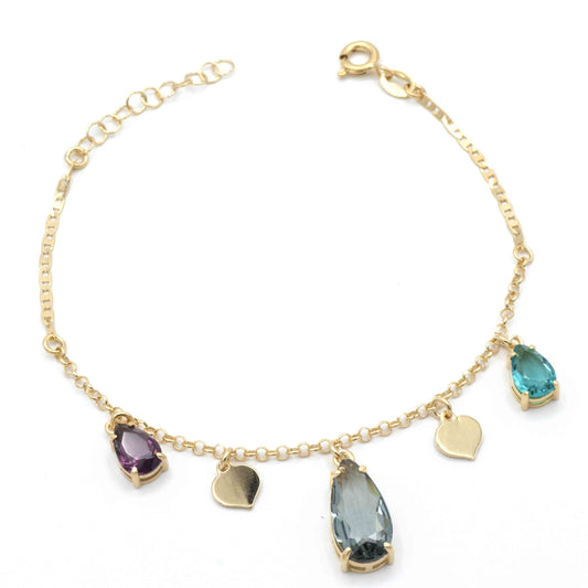 Bracciale Cuori e Pietre Multicolore in Argento 925 Placcato Oro Giallo con Pendenti a Goccia Gioielli in Argento