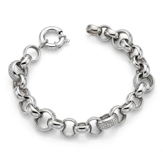 Bracciale in Argento 925 Rodiato a Maglie Tonde con Motivo a Greca