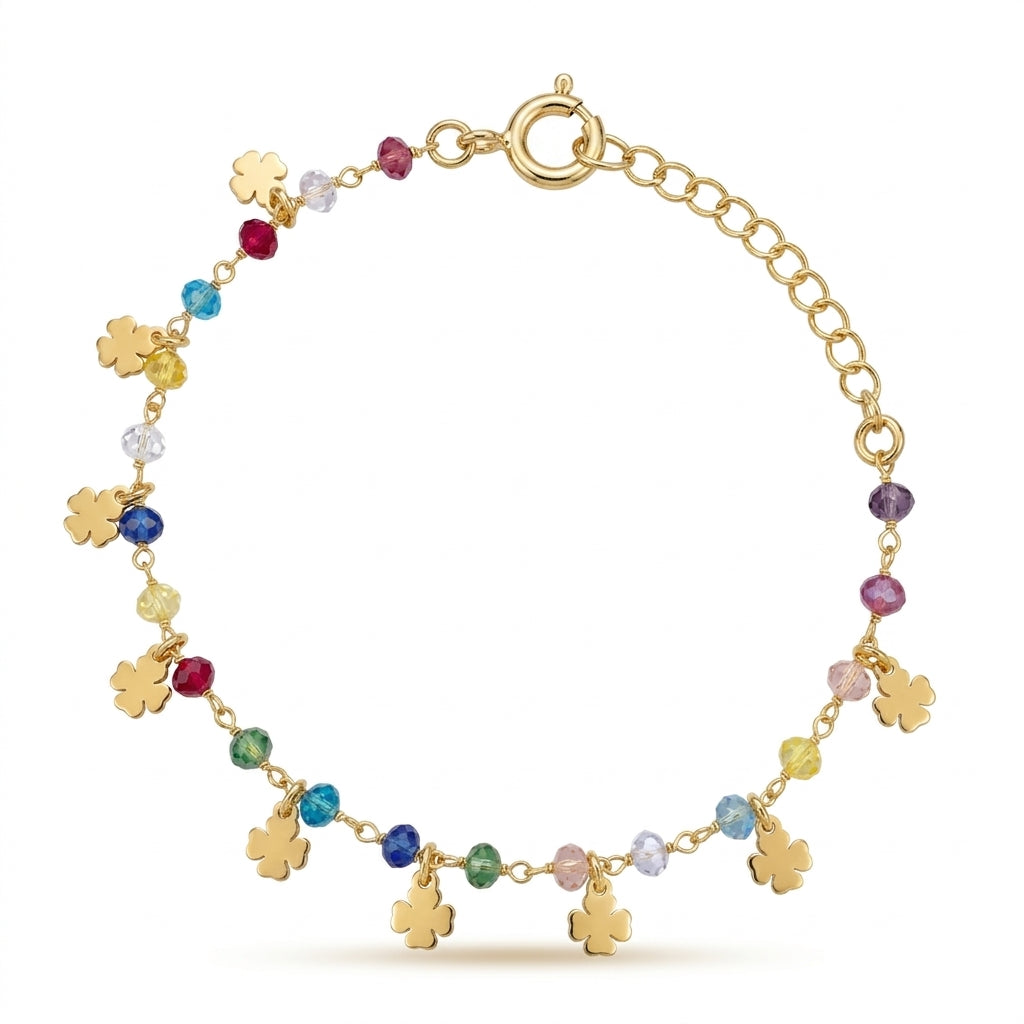 Bracciale Incanto di Quadrifogli in Argento 925 Placcato Oro 18kt con Gemma di Luce e Cristalli Multicolore Gioielli in Argento