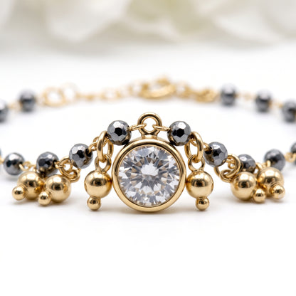 Bracciale Luce d'Ematite in Argento 925 Placcato Oro Giallo con Sfera di Zircone e Pendenti Gioielli in Argento