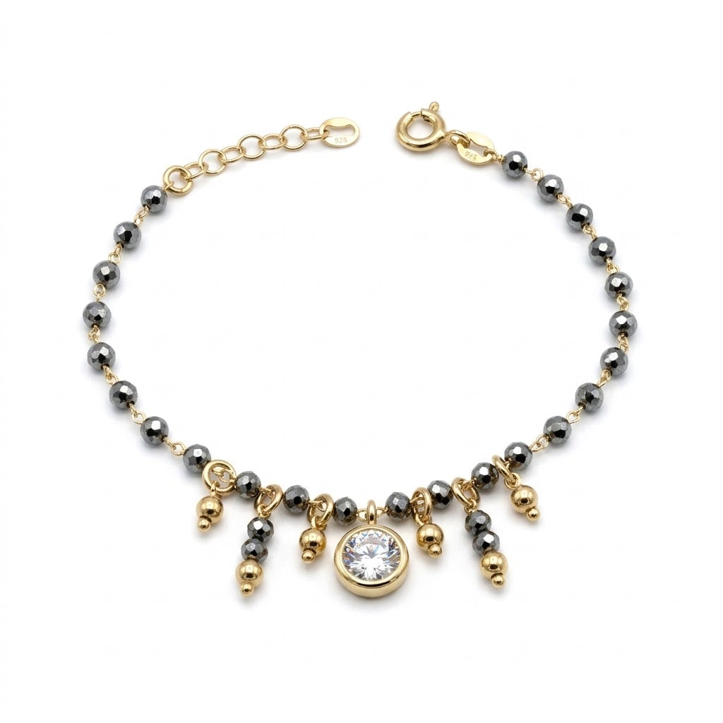 Bracciale Luce d'Ematite in Argento 925 Placcato Oro Giallo con Sfera di Zircone e Pendenti Gioielli in Argento
