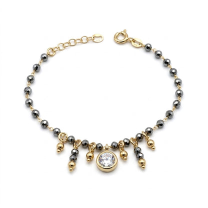 Bracciale Luce d'Ematite in Argento 925 Placcato Oro Giallo con Sfera di Zircone e Pendenti Gioielli in Argento