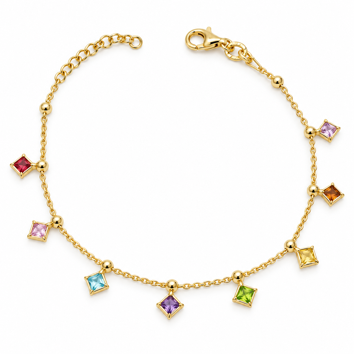 Bracciale Pietre Multicolore in Argento 925 Placcato Oro Giallo con Pendenti a Taglio Principessa Gioielli in Argento