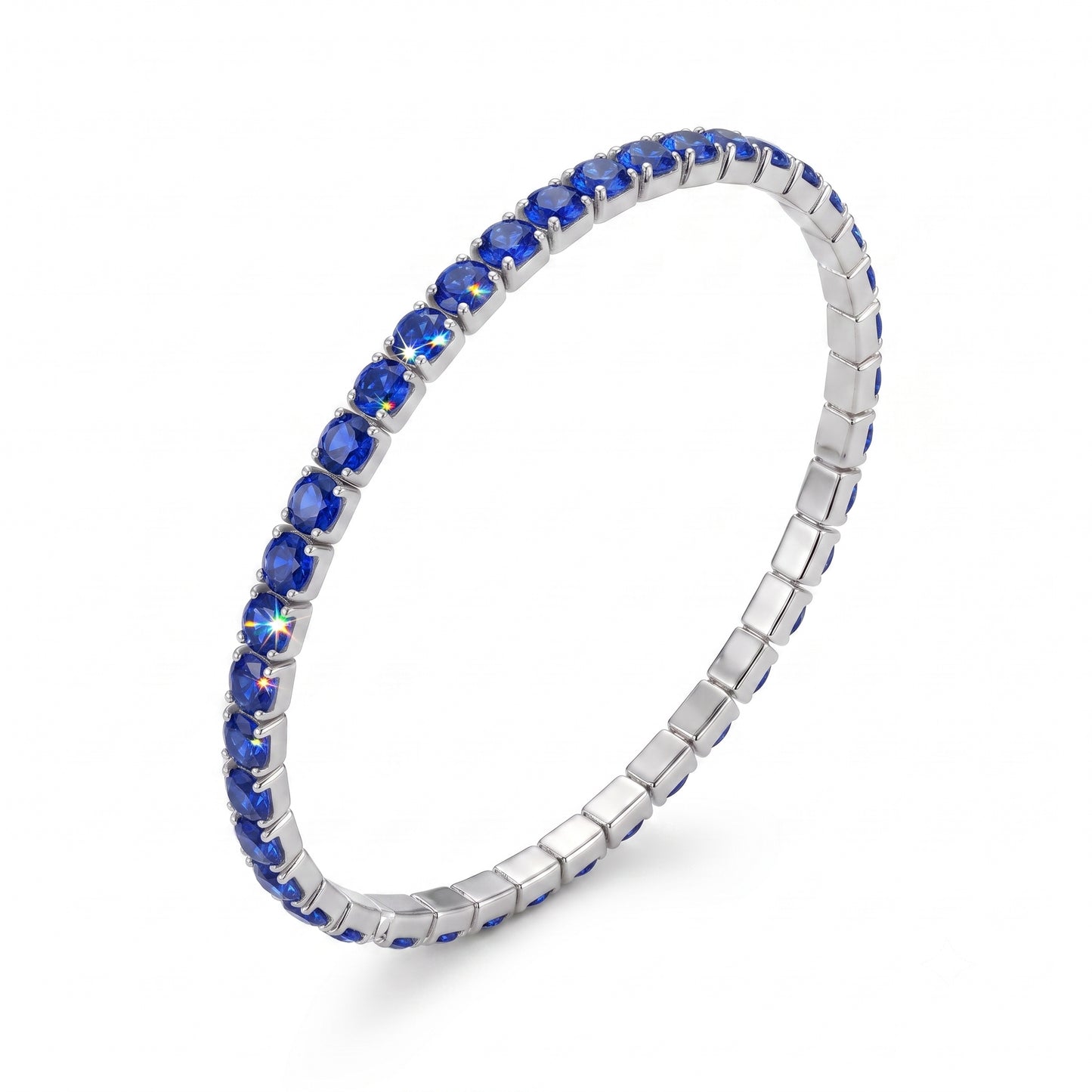 Bracciale Tennis Elastico Color Argento con Strass Blu Zaffiro