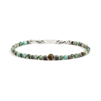 Bracciale in Acciaio con Pietre Turchese Africano e Occhio di Tigre