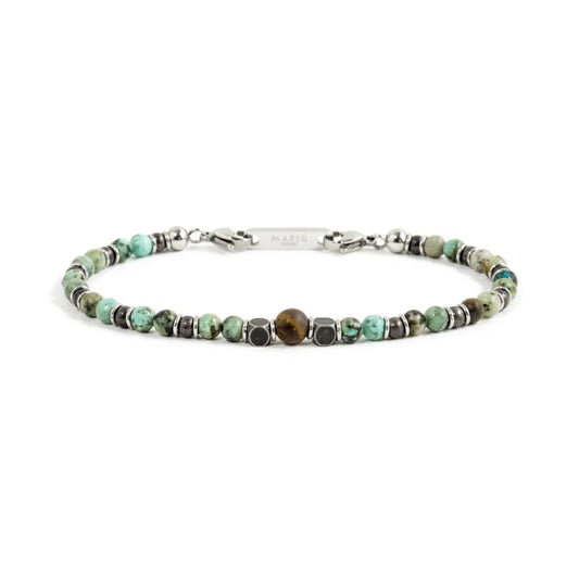 Bracciale in Acciaio con Pietre Turchese Africano e Occhio di Tigre Marlù