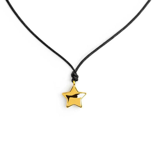 Collana con Cordino Nero e Ciondolo Stella Grande in Acciaio PVD Oro Marlù