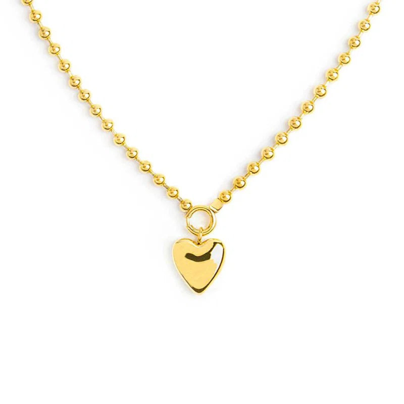 Collana in Acciaio PVD Oro a Catena a Sfere con Cuore Pendente