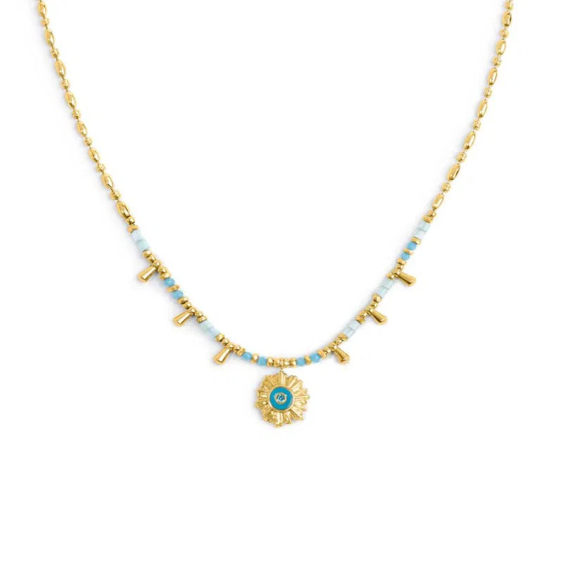 Collana Catena Chicco di Riso con Sole Pendente Azzurro in Acciaio Oro Marlù