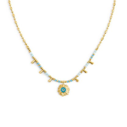 Collana Catena Chicco di Riso con Sole Pendente Azzurro in Acciaio Oro Marlù