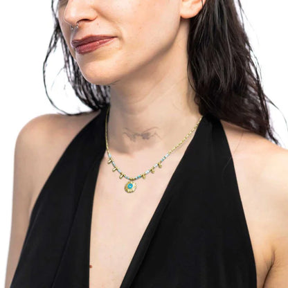 Collana Catena Chicco di Riso con Sole Pendente Azzurro in Acciaio Oro Marlù