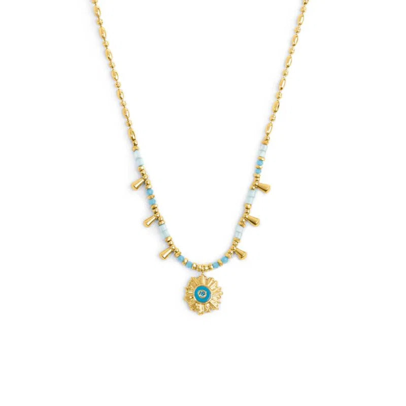 Collana Catena Chicco di Riso con Sole Pendente Azzurro in Acciaio Oro Marlù