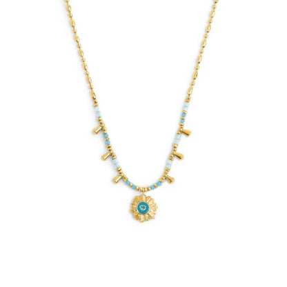 Collana Catena Chicco di Riso con Sole Pendente Azzurro in Acciaio Oro Marlù