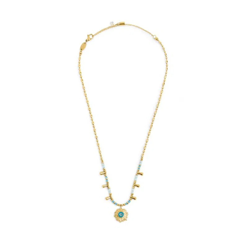 Collana Catena Chicco di Riso con Sole Pendente Azzurro in Acciaio Oro Marlù
