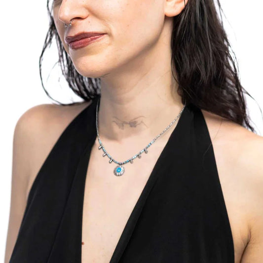 Collana Catena Chicco di Riso con Sole Pendente Azzurro in Acciaio Marlù