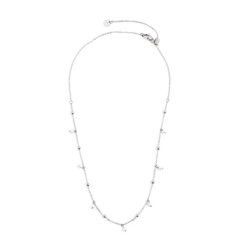 Collana Catena con Sfere e Perle Bianche in Acciaio Marlù