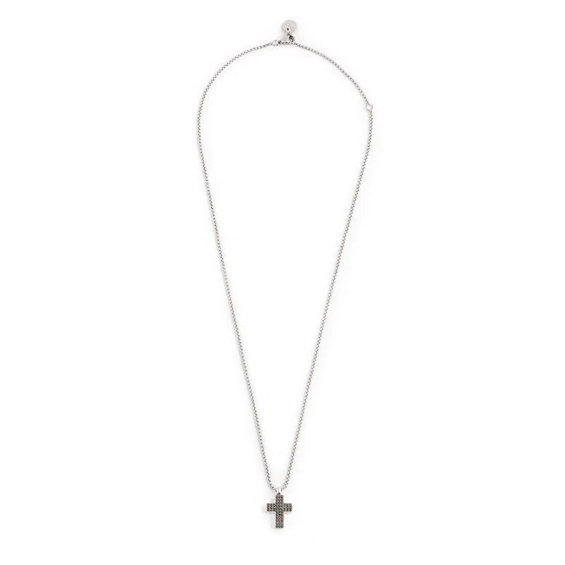 Collana con Croce Pendente e Zirconi Neri in Acciaio Marlù