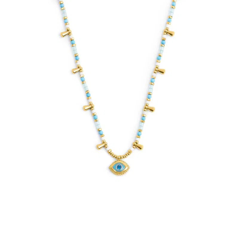 Collana con Occhio Pendente ed Elementi di Ematite Sfaccettata Azzurro in Acciaio Oro Marlù
