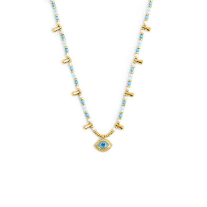 Collana con Occhio Pendente ed Elementi di Ematite Sfaccettata Azzurro in Acciaio Oro Marlù