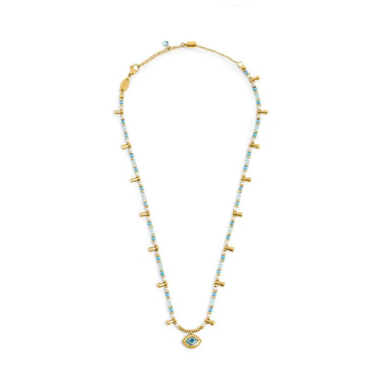 Collana con Occhio Pendente ed Elementi di Ematite Sfaccettata Azzurro in Acciaio Oro Marlù