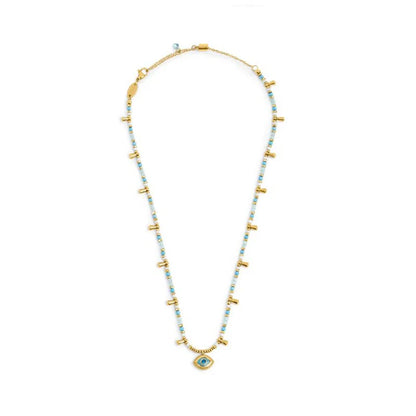 Collana con Occhio Pendente ed Elementi di Ematite Sfaccettata Azzurro in Acciaio Oro Marlù