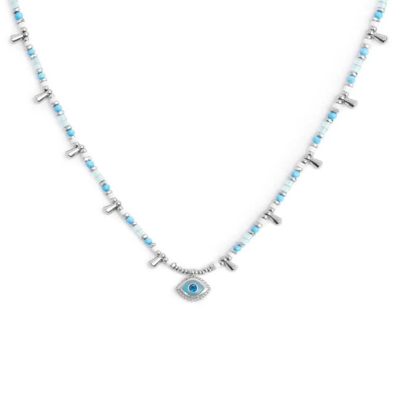 Collana con Occhio Pendente ed Elementi di Ematite Sfaccettata Azzurra in Acciaio Marlù Marlù