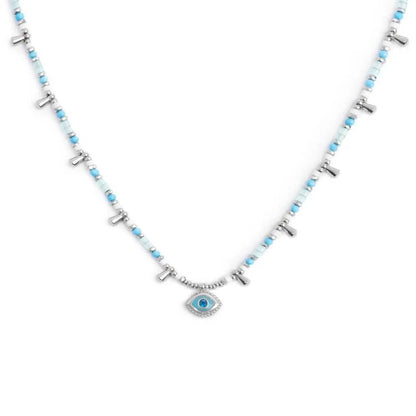 Collana con Occhio Pendente ed Elementi di Ematite Sfaccettata Azzurra in Acciaio Marlù Marlù