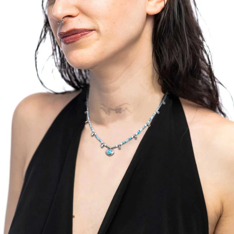 Collana con Occhio Pendente ed Elementi di Ematite Sfaccettata Azzurra in Acciaio Marlù Marlù