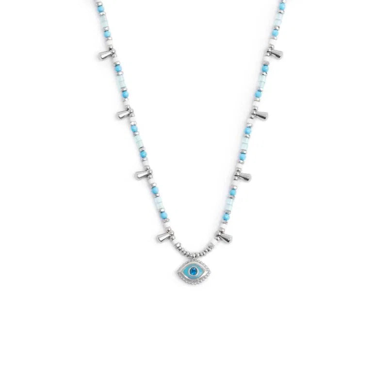 Collana con Occhio Pendente ed Elementi di Ematite Sfaccettata Azzurra in Acciaio Marlù Marlù