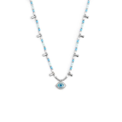 Collana con Occhio Pendente ed Elementi di Ematite Sfaccettata Azzurra in Acciaio Marlù Marlù