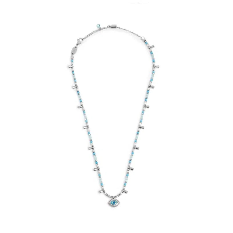 Collana con Occhio Pendente ed Elementi di Ematite Sfaccettata Azzurra in Acciaio Marlù Marlù