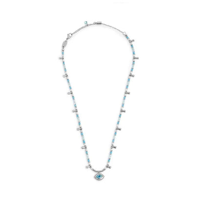 Collana con Occhio Pendente ed Elementi di Ematite Sfaccettata Azzurra in Acciaio Marlù Marlù