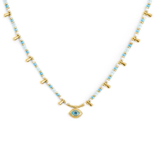Collana con Occhio Pendente ed Elementi di Ematite Sfaccettata Azzurro in Acciaio Oro Marlù