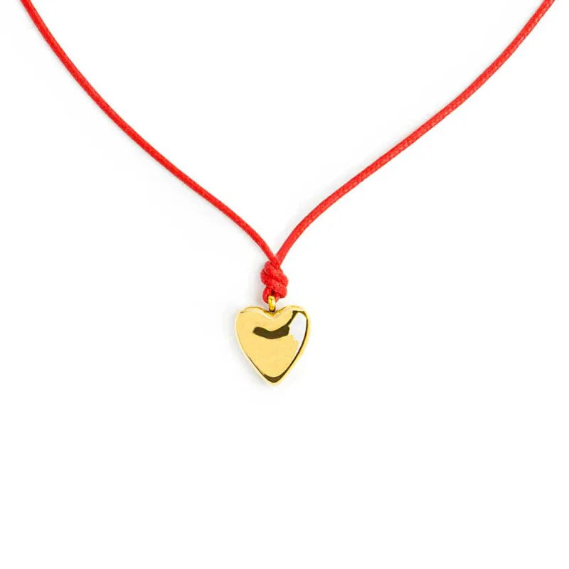 Collana con Cordino Rosso e Ciondolo a Cuore in Acciaio PVD Oro