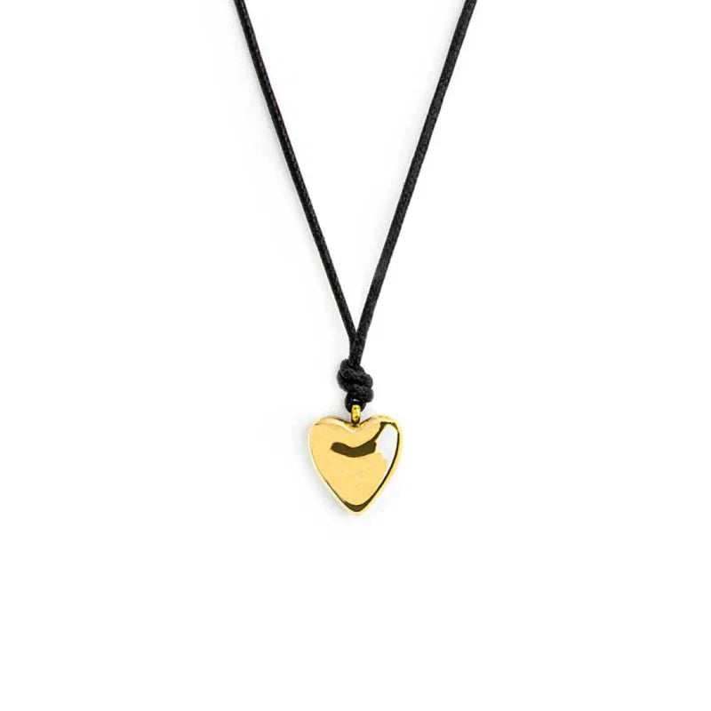 Collana con Cordino Nero e Ciondolo a Cuore in Acciaio PVD Oro