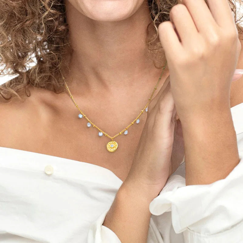 Collana in Acciaio Dorato con Medaglietta Rosa dei Venti e Zirconi