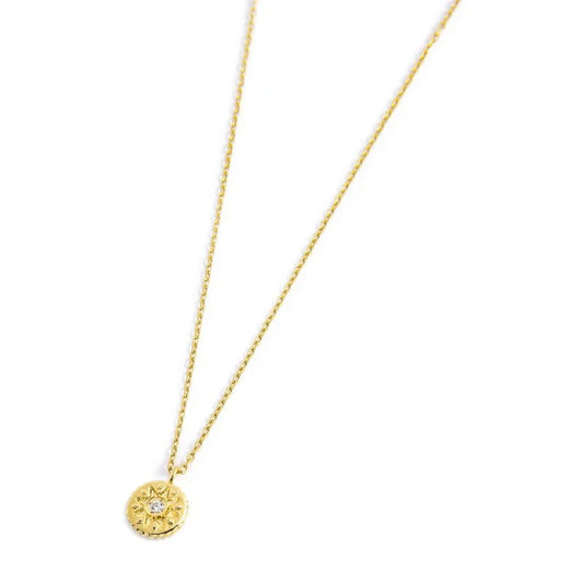 Collana in Acciaio Dorato con Medaglietta Sole Pendente e Zircone Marlù