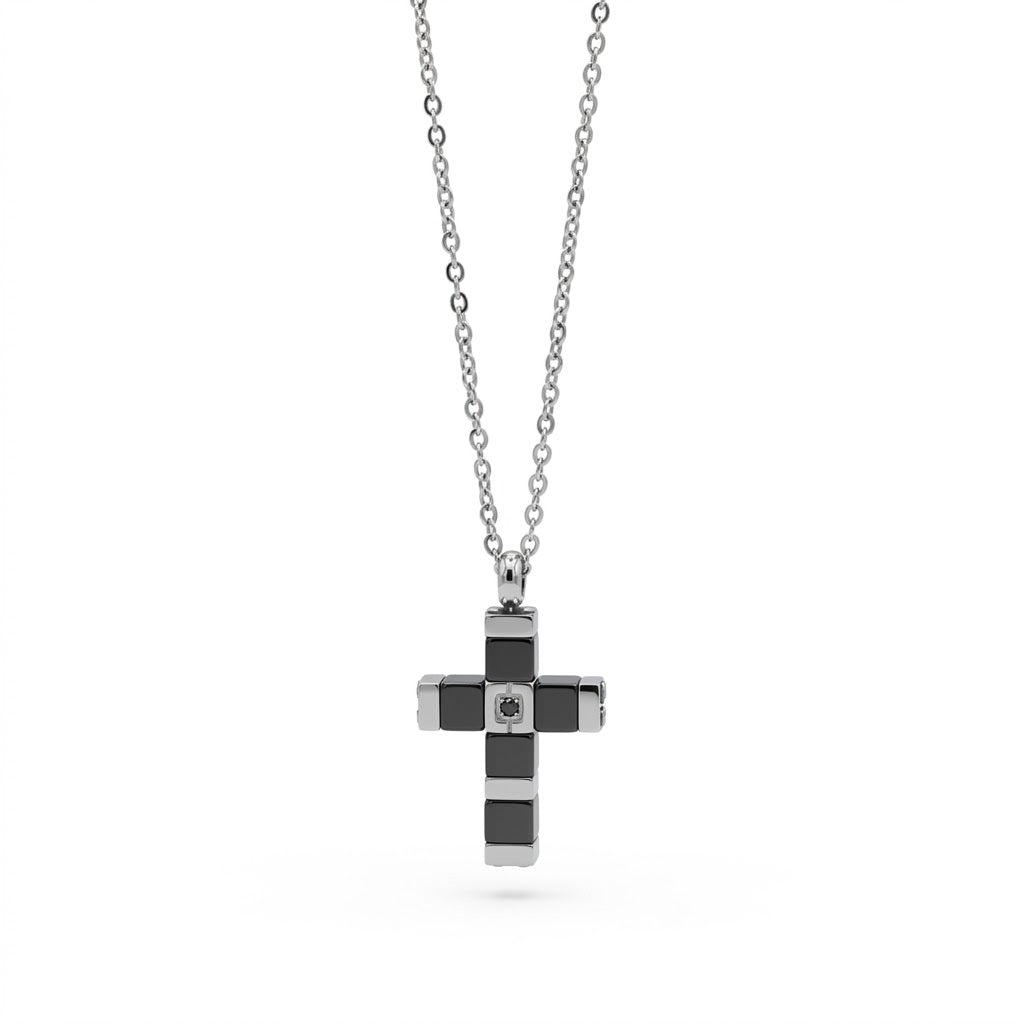 Collana Uomo Fortynine in Acciaio con Croce in Ematite Grigia e Zircone Nero