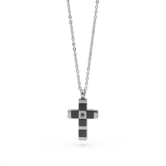 Collana Uomo Fortynine in Acciaio con Croce in Ematite Grigia e Zircone Nero