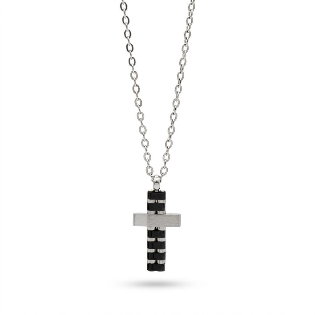 Collana Uomo Fortynine in Acciaio con Croce Geometrica Nera e Silver