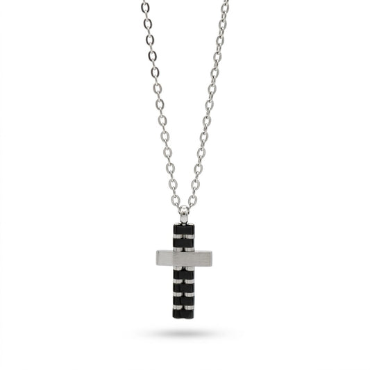 Collana Uomo Fortynine in Acciaio con Croce Geometrica Nera e Silver