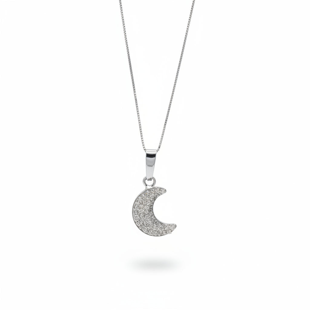 Collana Luna in Oro Bianco con Pavè di Zirconi Gioielli in Oro
